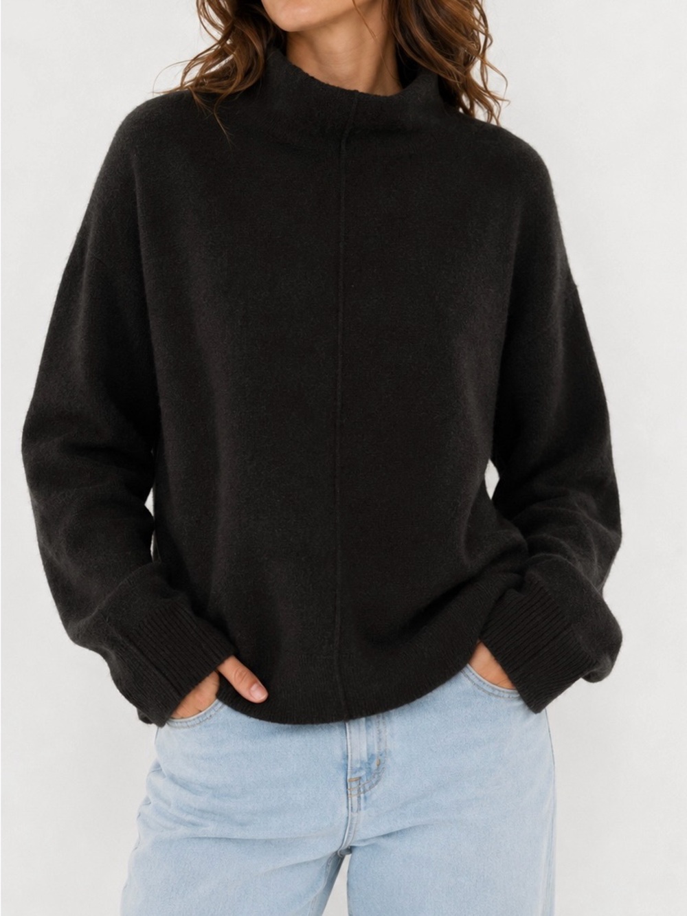 Nordstrom Black Wool Blend Mock Neck Center Seam Sweater S Quiet Luxury Basic